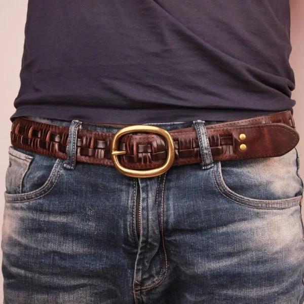 Vintage Luxury Handmade Leather Weave Copper Buckle Men's