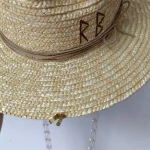 White straw hat pearl chain DIY flat top sun hat new Korean elastic - Image 4