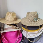 White straw hat pearl chain DIY flat top sun hat new Korean elastic - Image 3