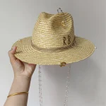 White straw hat pearl chain DIY flat top sun hat new Korean elastic - Image 2
