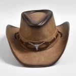 New 100% Leather Western Cowboy Hat Men Wide Brim Gentleman - Image 2