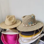White straw hat pearl chain DIY flat top sun hat new Korean elastic