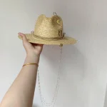 White straw hat pearl chain DIY flat top sun hat new Korean elastic - Image 6