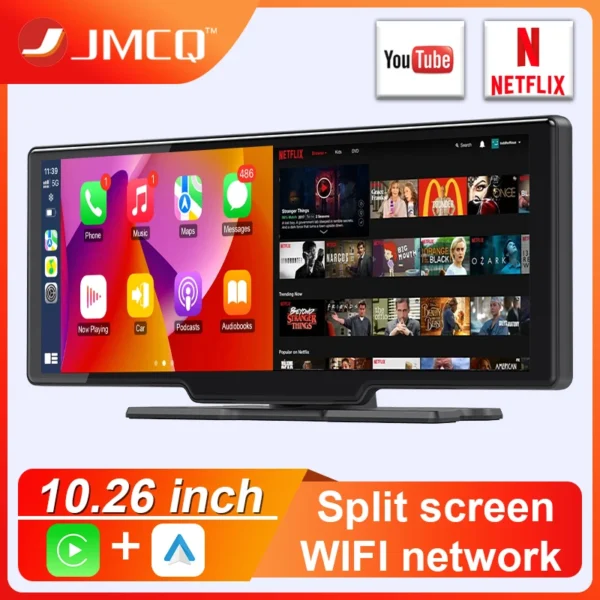 JMCQ Car Mirror Radio Multimedia Video Player Universal Wireless Carplay Android Auto Screen With YouTube Netflix Bluetooth WIFI
